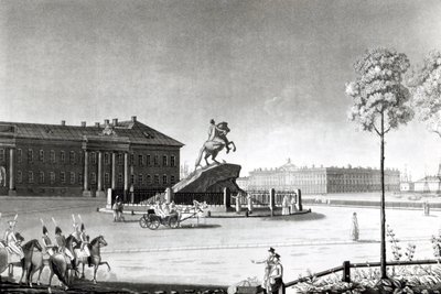 Ansicht der Statue von Peter dem Großen auf dem Senatsplatz, St. Petersburg von French School